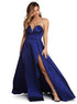 A Line Sweetheart Dark Blue Slit Satin Prom Dress LBQ2915